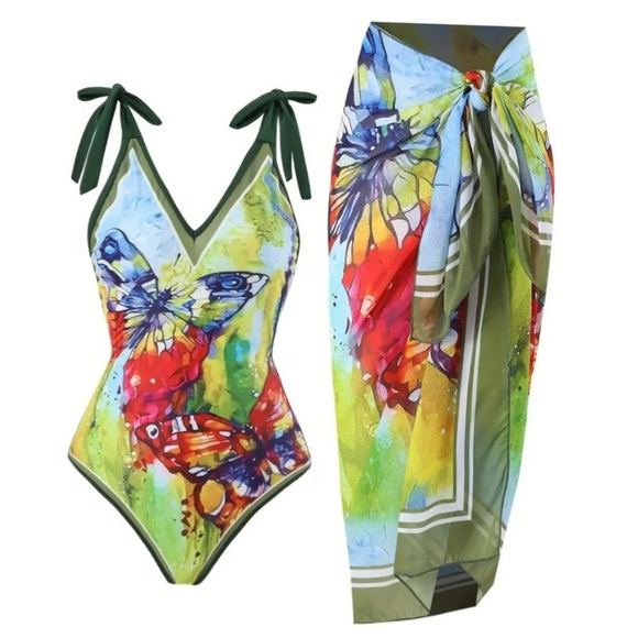 One Piece Swimsuit with Coordinating Wrap Sarong Coverup NWT - Picture 1 of 14